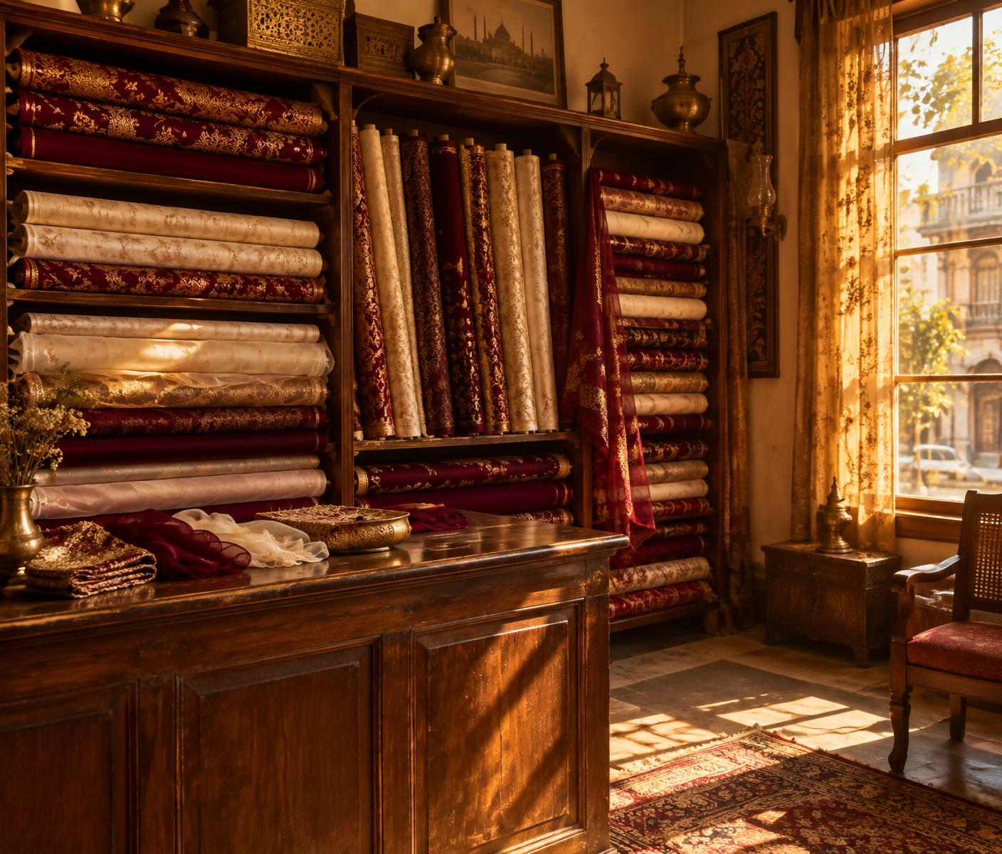 Heritage fabric shop interior with rolls of burgundy, cream and gold textiles